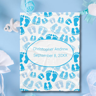 Birth Stats Blue and White Baby Feet Baby Blanket
