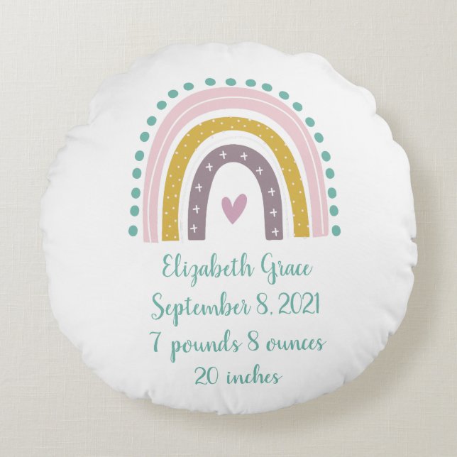 Birth Stats Boho Rainbow Pink Teal Gold Hearts  Round Pillow (Front)