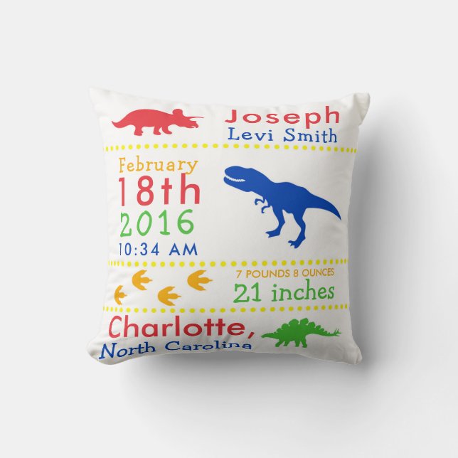 Birth Stats Dinosaur Nursery Pillow (Front)