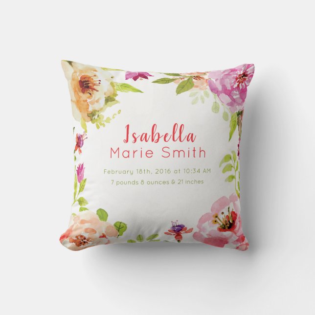 Birth Stats Elegant Floral Girl Nursery Pillow (Front)