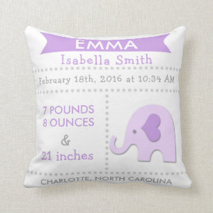 Birth Stats Elephant Nursery Pillow Purple Grey