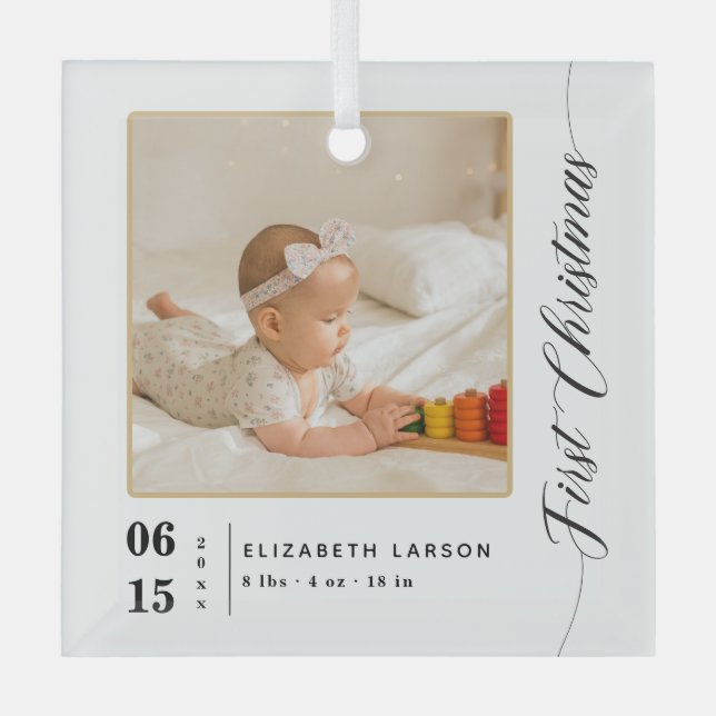 Birth Stats First Christmas Baby's Name And Photo Glass Ornament (Front)