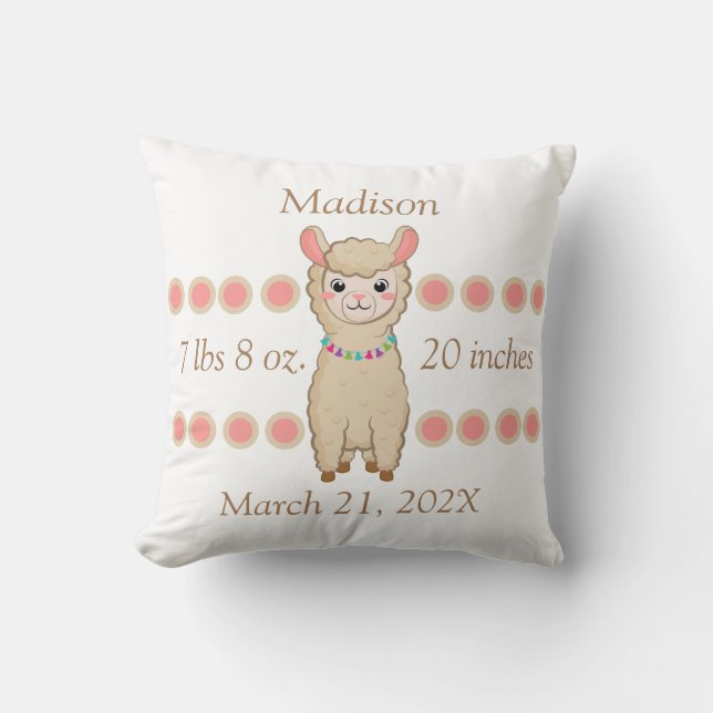 Birth Stats for Baby Girl Pink Llamas Throw Pillow (Front)
