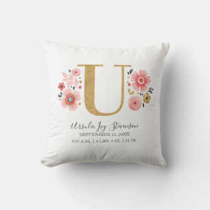Birth Stats Letter U Pink Floral Monogram Initial Throw Pillow