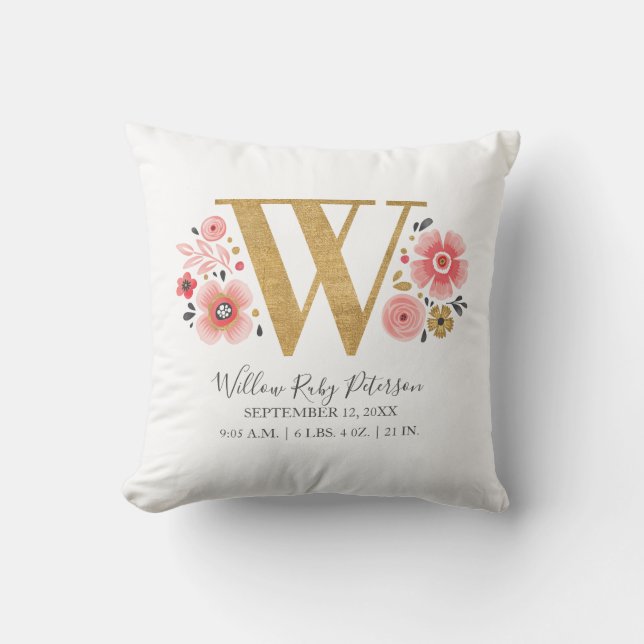 Birth Stats Letter W Pink Floral Monogram Initial Throw Pillow (Front)