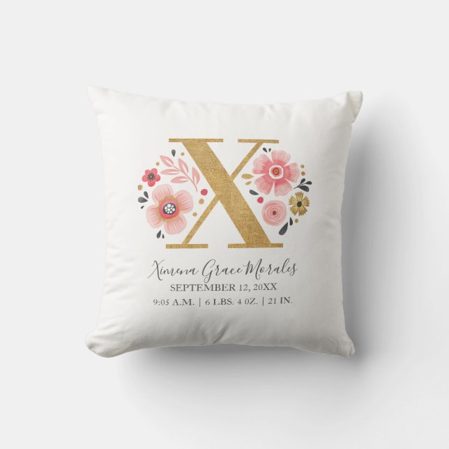 Birth Stats Letter X Pink Floral Monogram Initial Throw Pillow (Front)