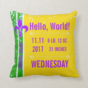 Birth Stats Mardi Gras Fleur De Lis NOLA Throw Pillow