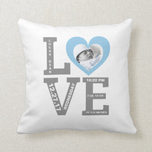 Birth Stats Modern Typography Baby Boy Blue Throw Pillow