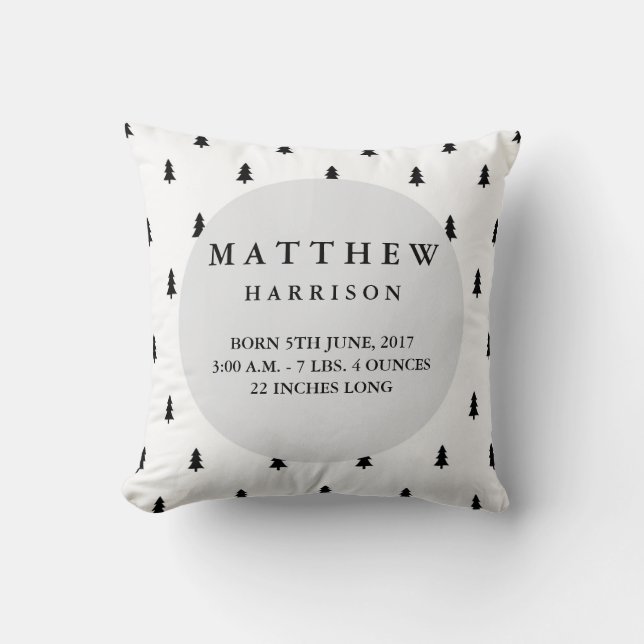 Birth Stats Modern Woodland Nursery Pillow (Front)