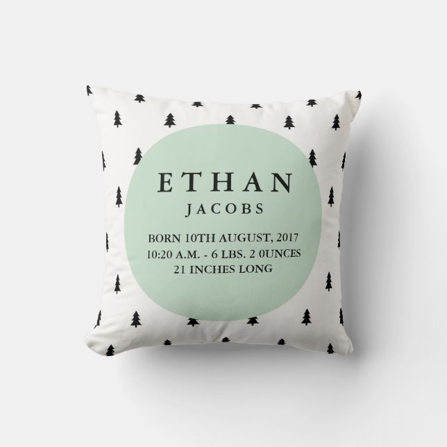 Birth Stats Modern Woodland Nursery Pillow (Front)