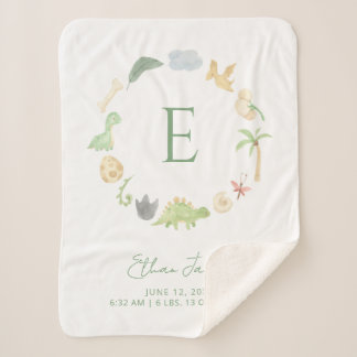 Birth Stats Monogram Wreath Cute Dinosaurs Green Sherpa Blanket