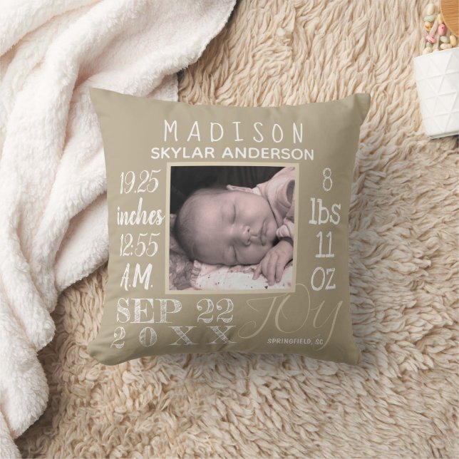 Birth Stats Nursery Typography Neutral Add Photo Throw Pillow (Blanket)