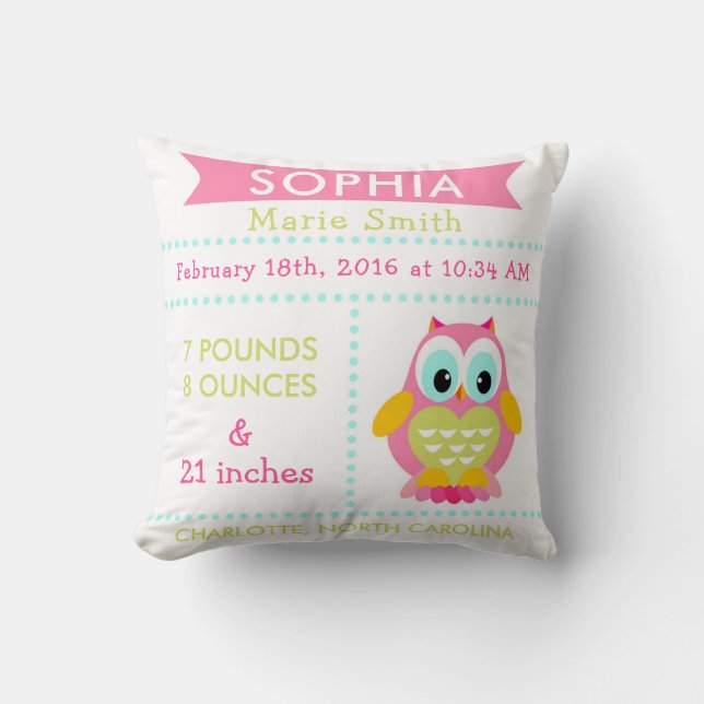 Birth Stats Owl Nursery Pillow Pink (Front)