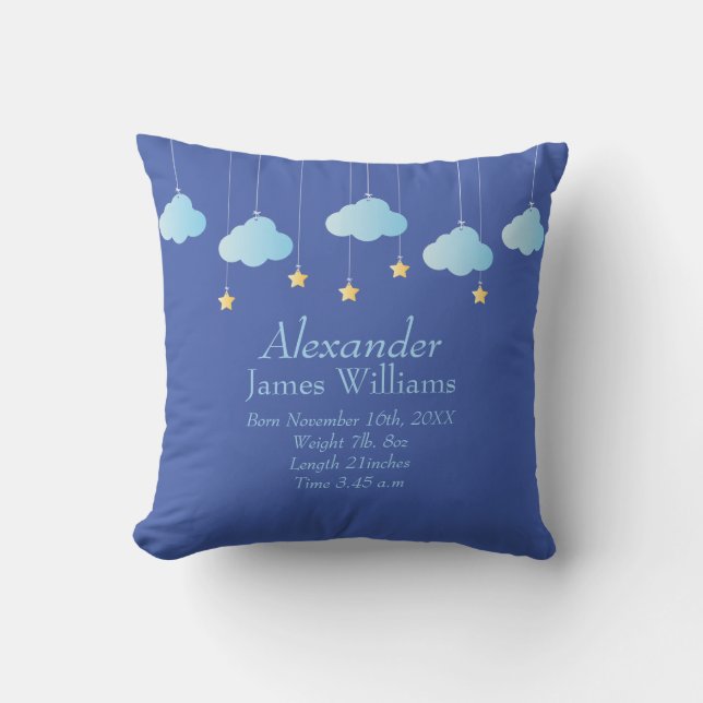 Birth Stats Personalised Clouds and Stars Throw Pillow (Front)