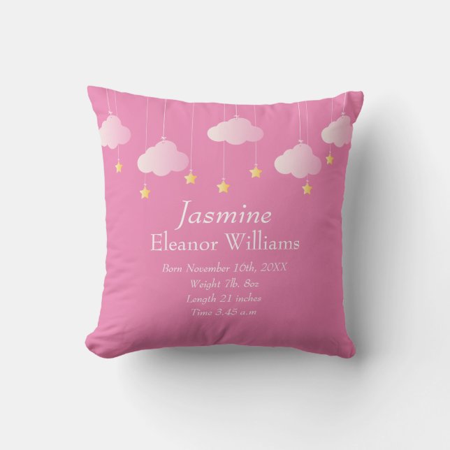 Birth Stats Personalised Clouds and Stars Throw Pillow (Front)