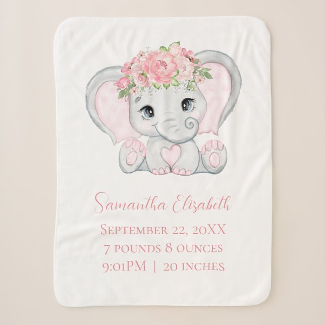 Birth Stats Pink Baby Elephant Baby Blanket (Front)