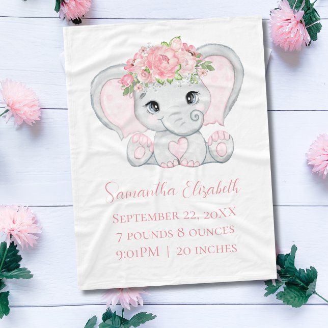 Birth Stats Pink Baby Elephant Baby Girl Baby Fleece Blanket (Pink elephant Personalized Birth Stats baby blanket. Gift for Baby girl.)