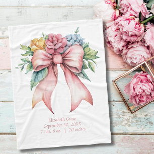 Birth Stats Pink Bow Watercolor Flowers Baby Fleece Blanket