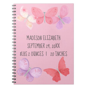 Birth Stats Pink Purple Yellow Butterflies Baby Notebook