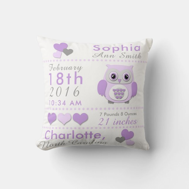 Birth Stats Purple Grey Owl Nursery Throw Pillow (Front)