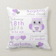 Birth Stats Purple Grey Owl Nursery Throw Pillow