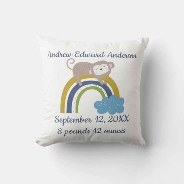 Birth Stats Rainbow Sleeping Animal Baby Gift Throw Pillow (Front)