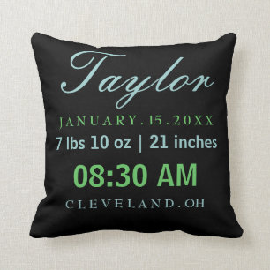 Birth Stats Typography Black Green & Blue Throw Pillow