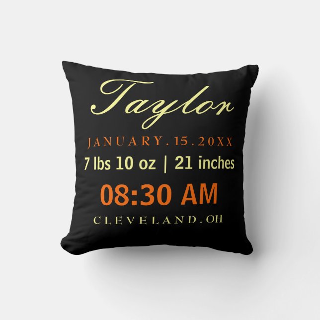 Birth Stats Typography Black Yellow & Orange Throw Pillow (Front)