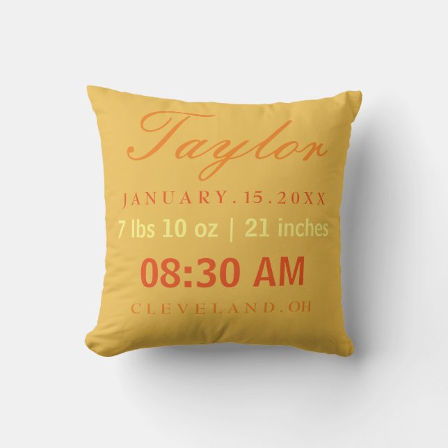 Birth Stats Typography Yellow & Orange Throw Pillow (Front)