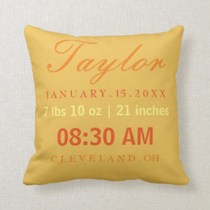 Birth Stats Typography Yellow & Orange Throw Pillow