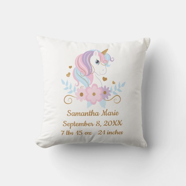 Birth Stats Unicorn Pink Blue Gold, Girly Baby  Throw Pillow (Front)