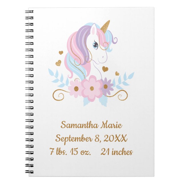 Birth Stats Unicorn Pink Blue Gold, Girly Notebook (Front)