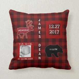 Birth Stats Woodland Buffalo Check Red Nursery Throw Pillow