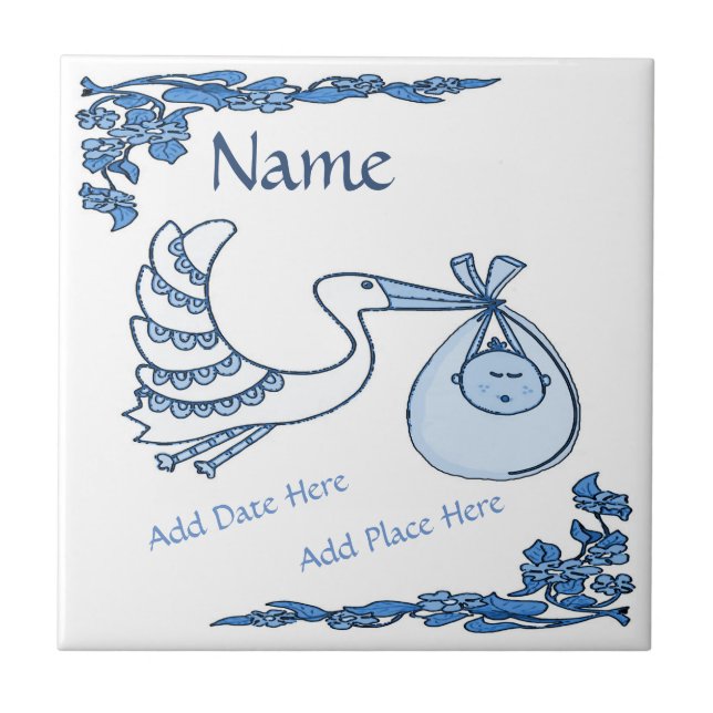 Birth Tile, Blue Dutch Look, Personalize Tile (Front)