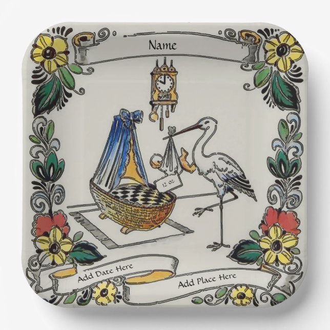 Birth Tile, Dutch Look, Personalize Paper Plate (Front)