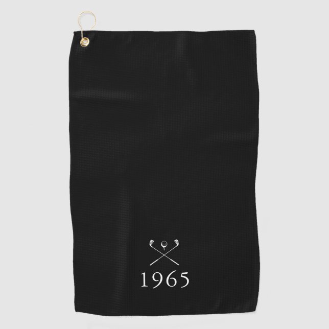 Birth Year Birthday Golf Clubs Black And White Golf Towel (Front)