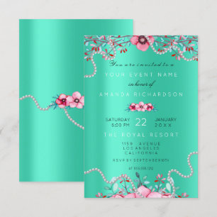 Birthay 16th Bridal Floral Formal Pearls Mint Pink Invitation