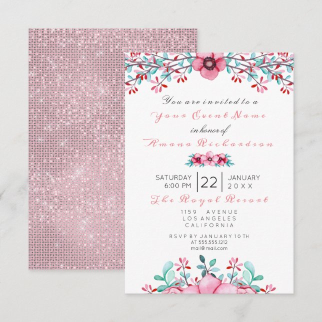 Birthday 16th Bridal Floral Pink Bohemian Sparkly Invitation (Front/Back)