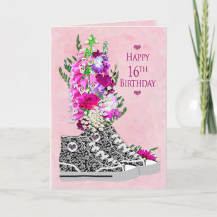 Birthday 16th, Girls, Fancy Sneakers black/White Card