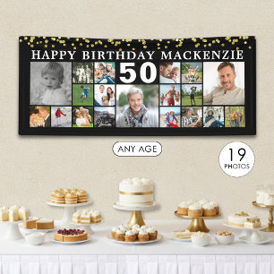 Birthday 19 Photo Collage Black Gold Confetti Banner