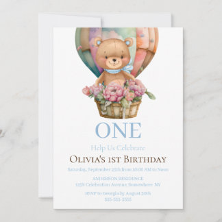 Birthday 1st Teddy Bear Balloon Invitation