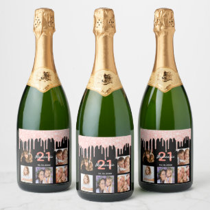 Birthday 21 photo black rose gold name sparkling wine label