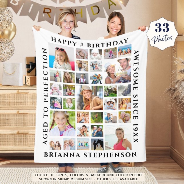 Birthday 33 Photo Collage Custom Personalized Fleece Blanket (Creator Uploaded)