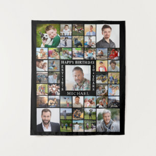 Birthday 43 Photo Collage Name Age Black White Tapestry