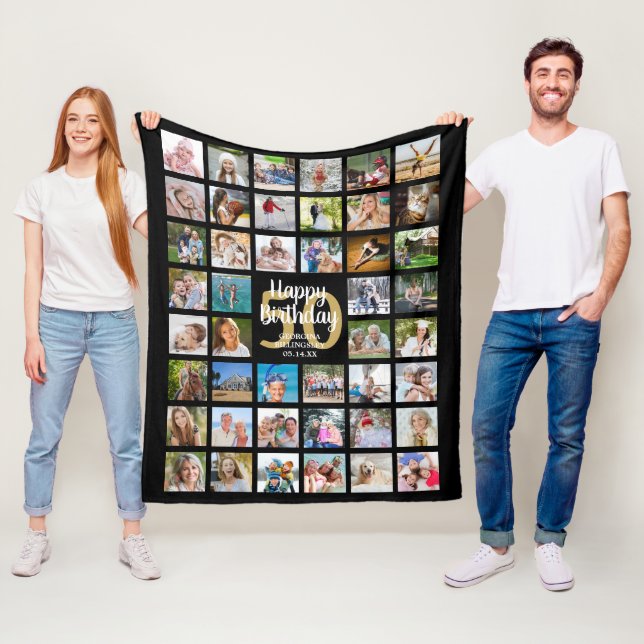 Birthday 44 Photo Collage Any Age Black Gold Fleece Blanket (In Situ)