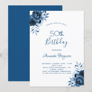 Birthday 50 blue florals white script invitation