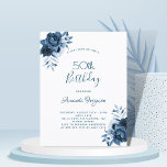 Birthday 50 blue florals white script postcard<br><div class="desc">On front: Decorated with florals, flowers, roses in shades of blue. Personalize and add a name and party details. The name and the text: 50th (or any age) Birthday are written with a hand lettered style script, blue coloured letters. Perfect for a winter or spring birthday party! Back: postcard design....</div>