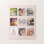 Birthday 50 custom photo rose gold blush pink jigsaw puzzle<br><div class="desc">A unique 50th (or any age) birthday gift or keepsake, celebrating her life with a collage of 8 of your photos. Add images of her family, friends, pets, hobbies or dream travel destination. Personalize and add a name, age 50 and a date. Gray and dark rose gold colored letters. Elegant...</div>