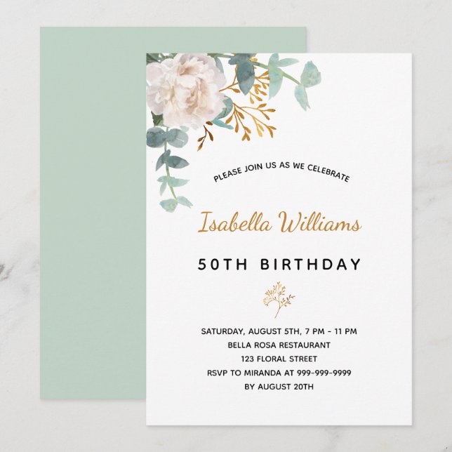 Birthday 50 floral eucalyptus gold green elegant invitation (Front/Back)