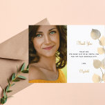 Birthday 50 golden eucalyptus thank you postcard<br><div class="desc">A modern and elegant photo thank you card. A chic white background decorated with golden eucalyptus foliage. Personalize and add your photo, your thank you note and name. Back: postcard design. Tip: If you don't want it to look like a postcard, click customize, go to the back and remove the...</div>